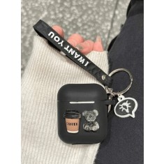 Husa Silicon Protectie pentru AirPods Pro 2 Gadgetry din Silicon Moale, cu Breloc Ursulet si Mesaj, Incarcare Wireless - Negru