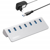 Hub USB Cu 7 porturi USB 3.0, FIDECO, Type-C, Adaptor Multiport portabil, din Aluminiu, 350mb/s, alimentare PC/Priza, 5 Gbps, Gri, Visionhub