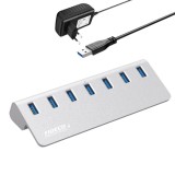 Cumpara ieftin Hub USB Cu 7 porturi USB 3.0, FIDECO, Type-C, Adaptor Multiport portabil, din Aluminiu, 350mb/s, alimentare PC/Priza, 5 Gbps, Gri