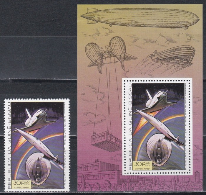 Guineea Bissau 1978 - Istoria zborului - Graf Zeppelin, Concorde și Naveta spațială, Timbru + Colita, MNH