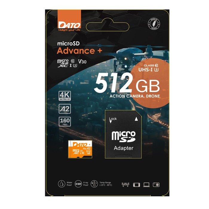 Dato - Memory Card Advance+ with Adapter (DTTF512GU3A2V30AP) - MicroSDXC, 512GB, U3, A2, V30, Read 160MB/s - Black
