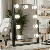 Oglindă machiaj Hollywood, neagră, 30.5x30cm, cu 9 LED-uri și lumină reglabilă