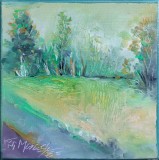 Pictură originală ulei pe p&acirc;nză &bdquo;Copaci reflectați &icirc;n apa liniștită&rdquo; 20x20 cm, pe șasiu. Certificat cu semnătura și ștampila artistului