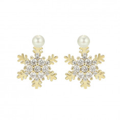 Cercei Snowflake cu perla mica si cu pietre zirconiu, placati cu aur de 14K foto