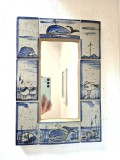 Oglindă decorativă rustică, ramă din ceramică pictată manual, suport lemn, motive marine