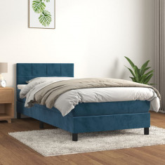 vidaXL Pat box spring cu saltea, albastru &amp;icirc;nchis, 90x190 cm, catifea foto