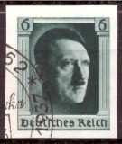 Timbru Germania 1937 - Aniversare Hitler 6 Pf., Nedantelat/Imperforat din Coliță, Ștampilă de Epocă 1937 (Mi. 647) -A222