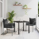 Set de mese de grădină cu 3 piese și perne, negre, din poly rattan.