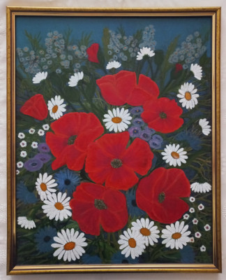Tablou original pictat in ulei MACI ROSII, 43x53 cm cu rama din lemn foto