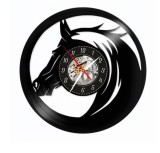 Ceas de perete decorativ &ldquo;Wild Horse&rdquo;, lucrat manual din disc de vinil (Vinyl Record), design cap de cal, Negru, 30 cm
