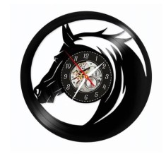 Ceas de perete decorativ &ldquo;Wild Horse&rdquo;, lucrat manual din disc de vinil (Vinyl Record), design cap de cal, Negru, 30 cm