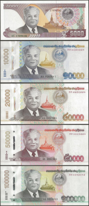 LAOS - LOT 5000 + 10000 + 20000 + 50000 + 100.000 KIP 2020 (2022) - P NEW - UNC