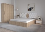 Dormitor Kent Sonoma Alb cu Pat Matrimonial 160 cm x 200 cm Dulap 2 usi Glisante fara Oglinda si Noptiere