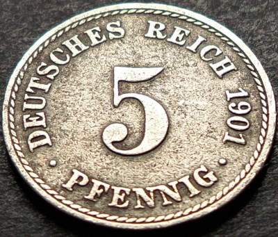Moneda istorica 5 PFENNIG - GERMANIA, anul 1901 *cod 5367 - litera A = BERLIN foto