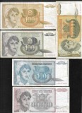 Iugoslavia 5 fete inflatie 3 x 100 + 100000 + 500000000 dinari dinara 1990-1993