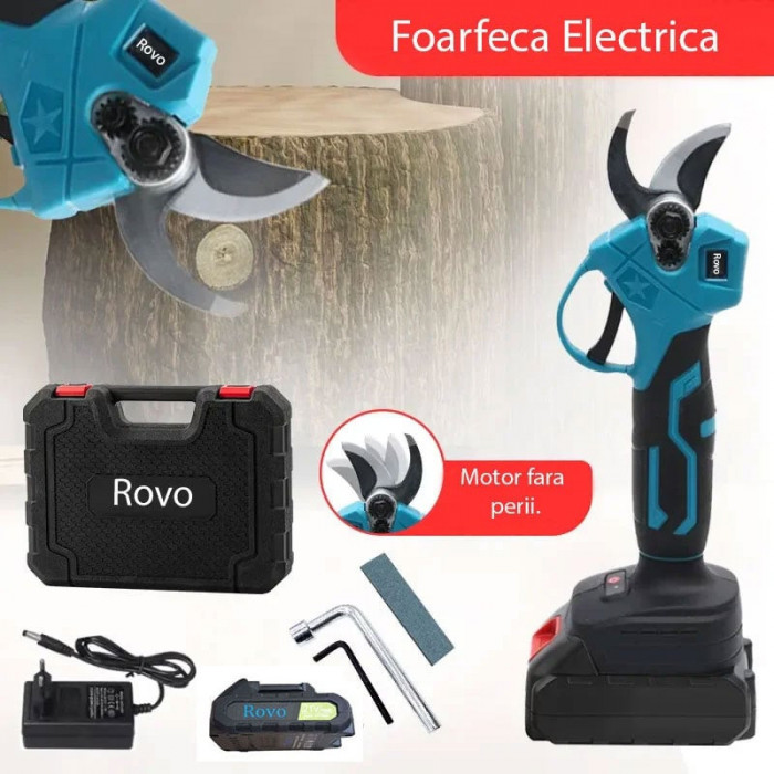 Foarfeca electrica pentru gradina Rovo RV-FE, motor brushless, 2 acumulatori 2000mAh, 800W, valiza de transport