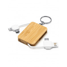Breloc incarcator USB Type C, Mycro USB, cablu lightning, 3 in 1, lemn bambus
