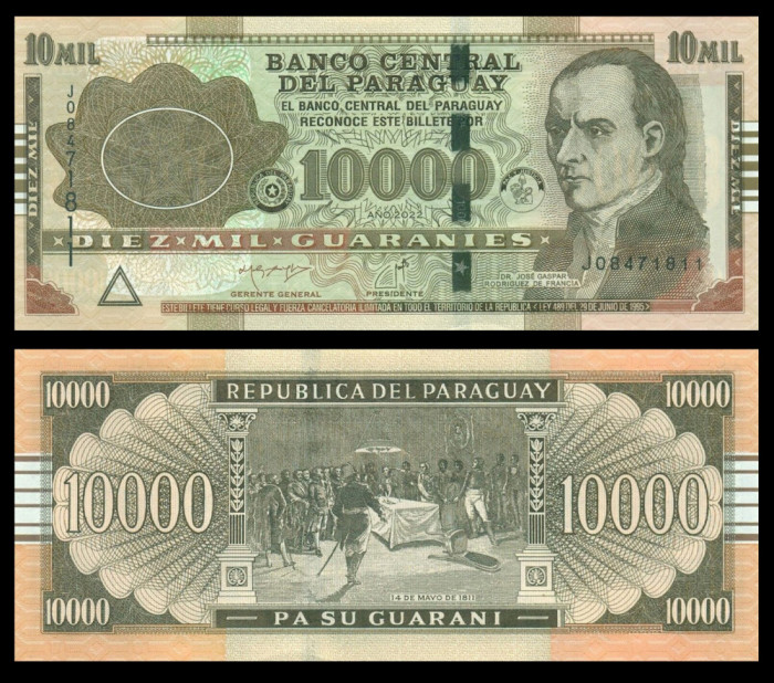 PARAGUAY █ bancnota █ 10000 Guaranies █ 2022 █ P-A238c █ Serie J █ UNC