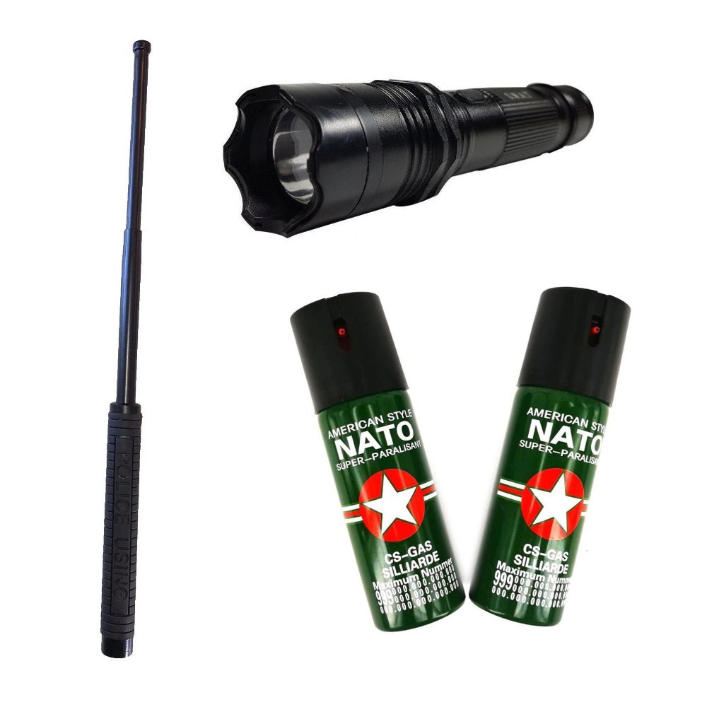 Kit autoaparare Baston Telescopic, Lanterna Electrosoc cu laser si 2  Spray-uri Nato | Okazii.ro