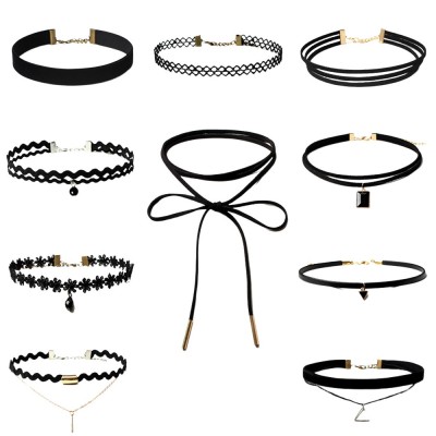 Set 10 coliere choker, GOGOU&amp;reg;, Catifea, Negru foto