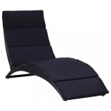 Șezlong Pliabil vidaXL Poliratan Negru cu Perna Confortabila, 162x64x86 cm, Mobilier Gradina Relaxare Piscina, Balcon