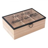 Cutie Ceai, 3 Compartimente, Lemn, Capac Sticlă, 24x16x8.5cm, Oem