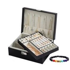 Set Cutie de bijuterii, 2 etaje, neagra, cu cheita, design rafinat, 23x17.5x9cm, cadou Bratara energetica aromaterapie, 7 Chakre, roca vulcanica