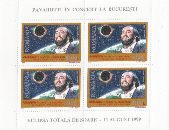 |Romania, LP 1489a/1999, Pavarotti in concert la Bucuresti, bloc de 4 marci, MNH