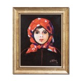 Tablou pictat manual inramat, Fetita cu basma rosie, 30x25cm ulei panza, reproducere Nicolae Grigorescu