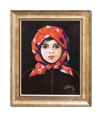 Tablou celebru pictat manual inramat, Tanara cu basma rosie, 30x25cm ulei panza, reproducere Nicolae Grigorescu