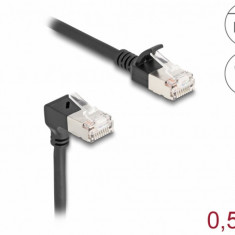 Cablu de retea RJ45 Cat.6A S/FTP Slim unghi 90 grade jos/drept 1m Negru, Delock 80305