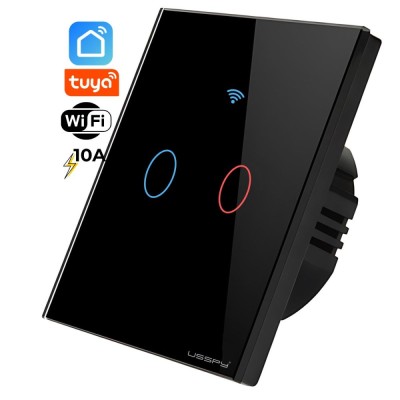 Intrerupator inteligent cu touch, rama sticla, Wifi, Tuya, Smart Life, 2 canale, 10A, Negru foto