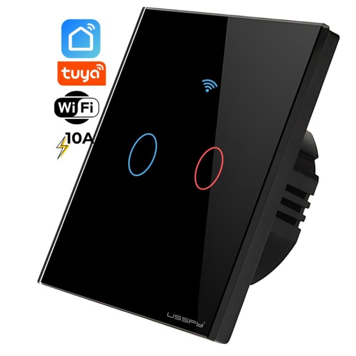 Intrerupator inteligent cu touch, rama sticla, Wifi, Tuya, Smart Life, 2 canale, 10A, Negru