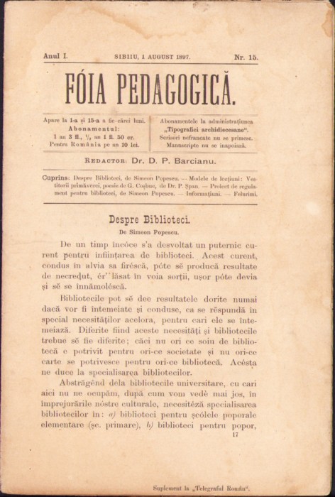 HST Z275 Ziar Foaia pedagogică 15/1897 Sibiu