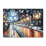 Tablou pictat manual, Peisaj citadin nocturn, 70x50cm ulei pe panza in cutit efect 3D