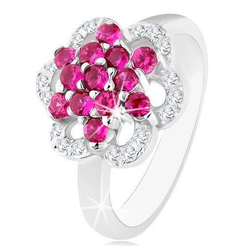 Inel strălucitor din argint 925, brațe lucioase, floare din zirconii roz și transparente - Marime inel: 50