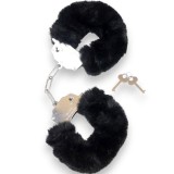 Cătușe pufoase B-SERIES Furry Cuffs, pentru jocuri erotice BDSM, din metal cu blană artificială, culoare negru cu argintiu