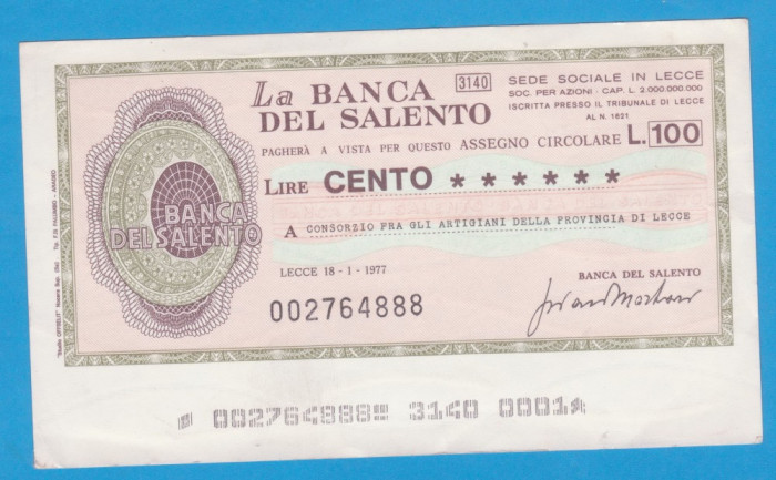 (1) CEC BANCAR ITALIAN - LA BANCA DEL SALENTO - 100 LIRE, LECCE 1977