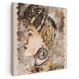 Tablou acuarela femeie africana cu turban maro 2061 Tablou canvas pe panza CU RAMA 100x100 cm