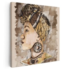 Tablou acuarela femeie africana cu turban maro 2061 Tablou canvas pe panza CU RAMA 30x30 cm