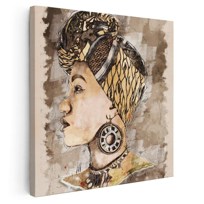 Tablou acuarela femeie africana cu turban maro 2061 Tablou canvas pe panza CU RAMA 100x100 cm