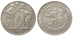 t854 CEHOSLOVACIA 100 KORUN 1955 ANIVERSAREA ELIBERARII DE NAZISM ARGINT UNC