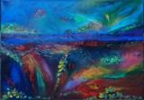 Pictură originală ulei pe p&acirc;nză &bdquo;C&acirc;mp de noapte cu flori aprinse sub cerul albastru&rdquo; 60x42 cm. Certificat cu semnătura și ștampila artistului