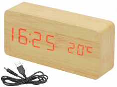 Ceas digital din MDF si PVC cu senzor sunet, alarma, afisaj LCD ora, data si temperatura + cablu USB foto