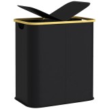 HOMCOM Coș pentru Rufe de 80L cu 2 Secțiuni și Capac din Material Textil și Bambus, 54x34x58,5 cm, Negru | Aosom Romania