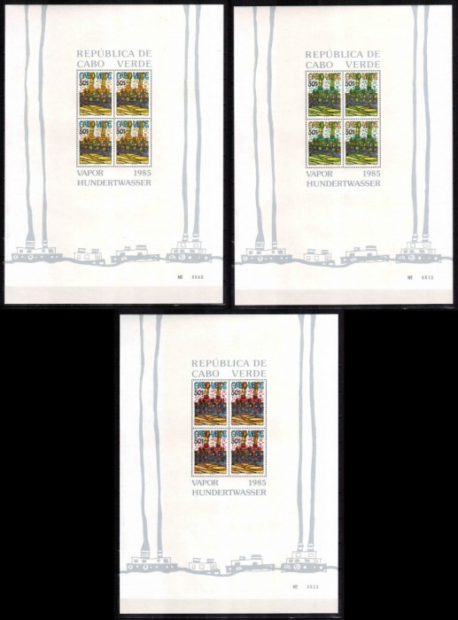 Capul Verde 1985, Mi #497-9 = Bl 7-9**, pictura, Hundertwasser, MNH! Cota 360 &euro;!