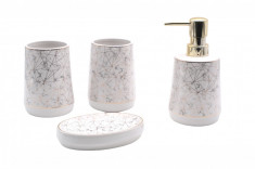 Set accesorii pentru baie savoniera, dozator sapun, 2 pahare, ceramica, alb foto