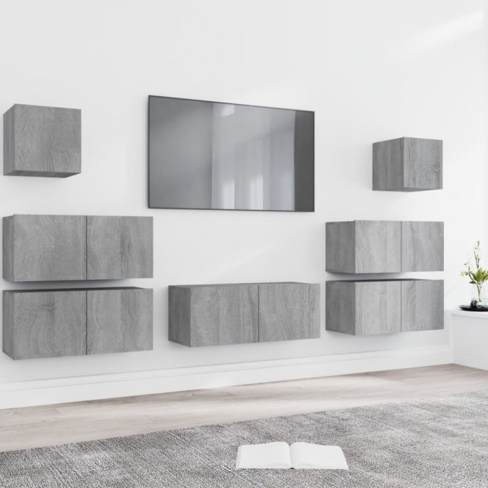 vidaXL Set comode TV, 7 piese, gri sonoma, lemn compozit