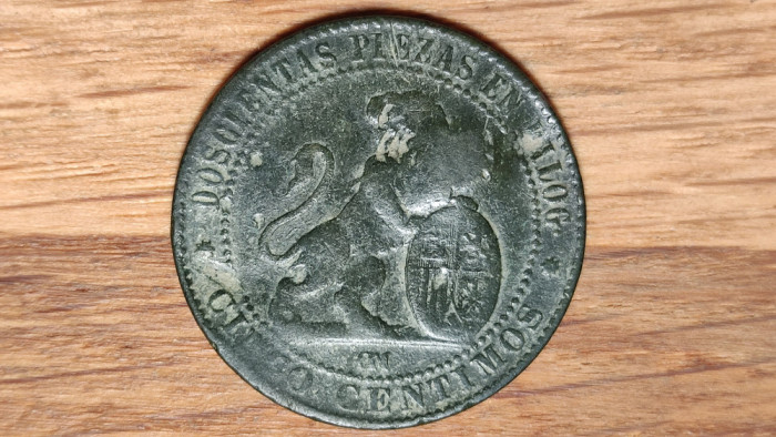Spania - moneda de colectie istorica - 5 / cinco centimos 1870 OM - bronz !