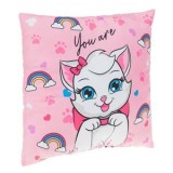 Pernă decorativă pentru copii, 30x30 cm, roz, cu model pisică și curcubeu, CMCLASS
